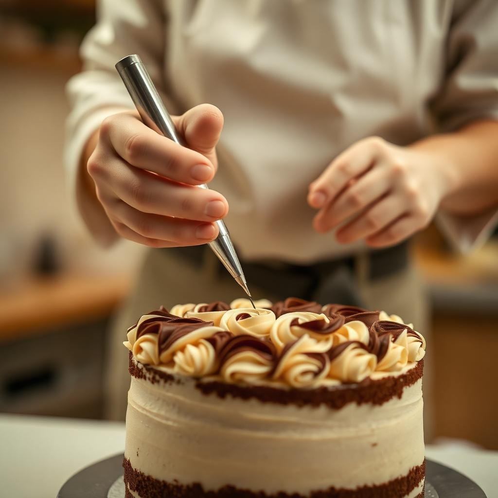 Baker piping delicate rosettes onto a cake